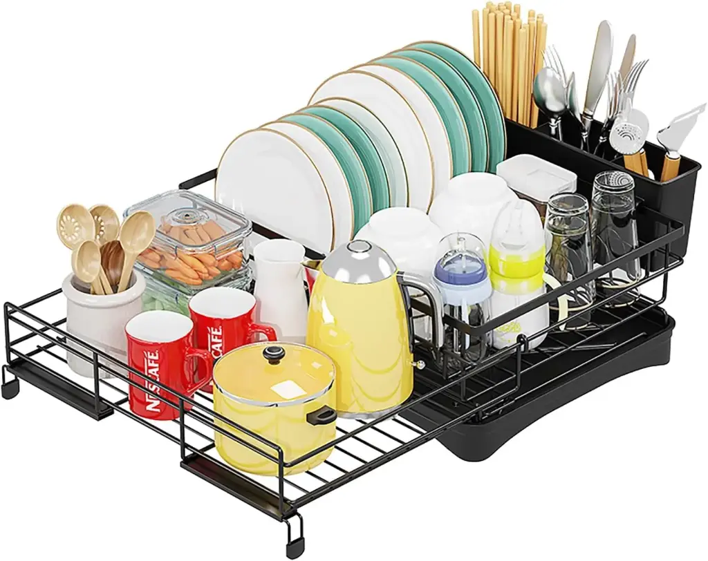 Dish rack with over sink veggie washing shelf