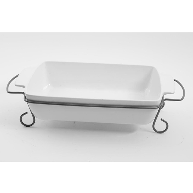 GIBSON GRACIOUS DINING 15.5 INCH RECT DISH W-METAL RACK, WHITE